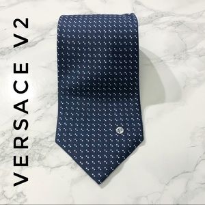 Versace V2 Blue White Polka Dot Silk Tie EUC